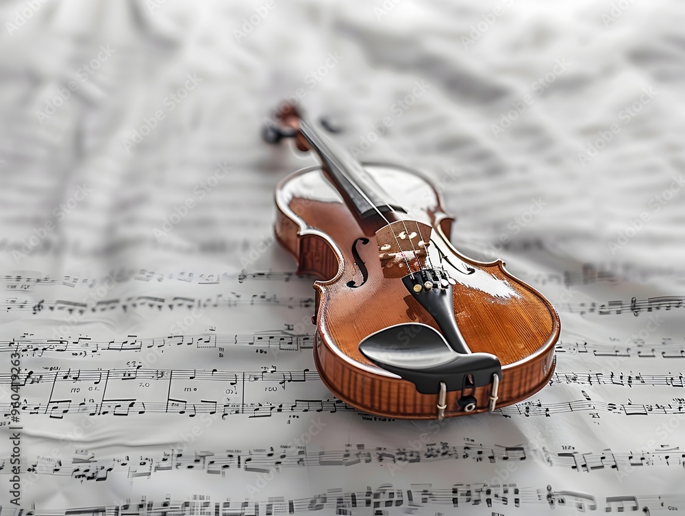 Fototapeta premium Classical Violin Resting on Sheet Music with Floating Notes in Vintage Background