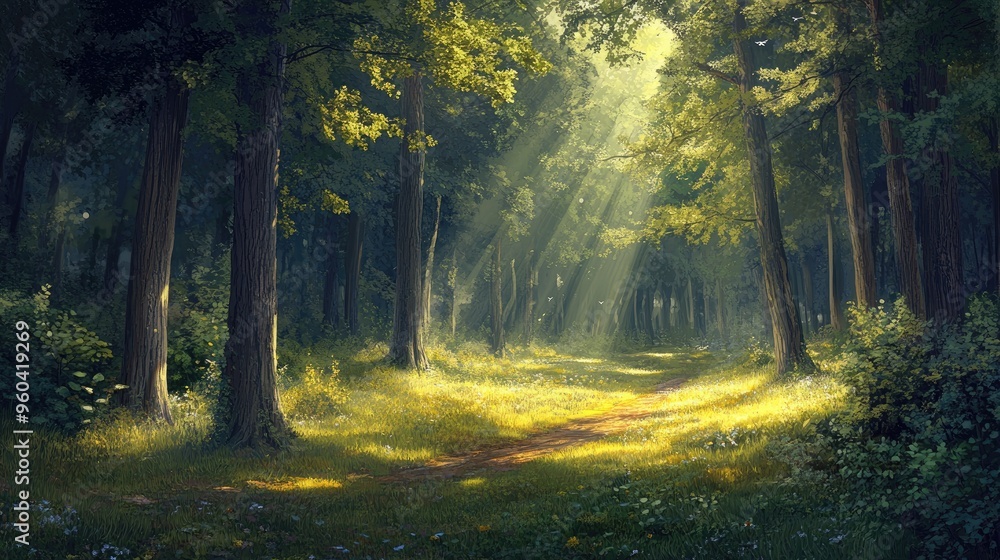 Fototapeta premium A peaceful forest clearing with sunlight streaming through the canopy, illuminating the forest floor.