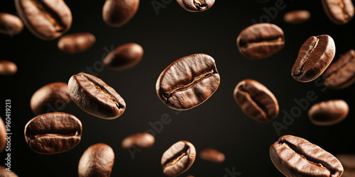 Floating coffee beans captured mid-air against a dark background, highlighting their rich texture and color.