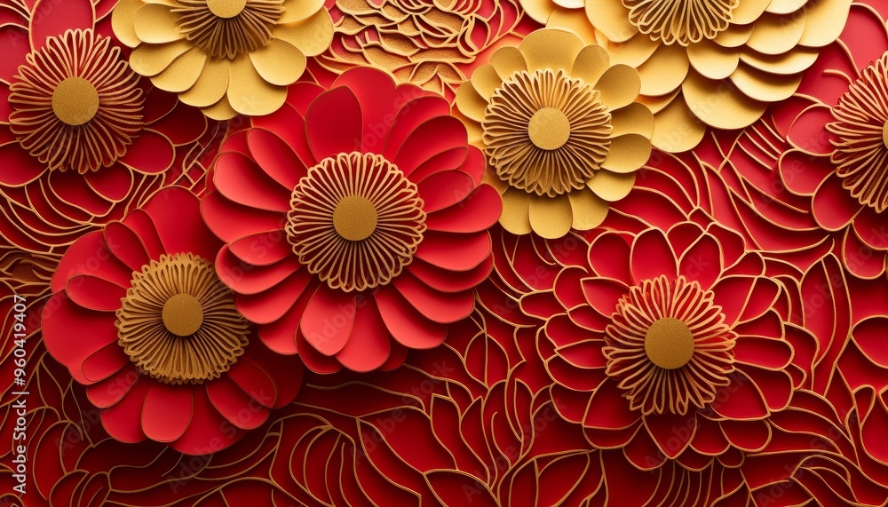 A vibrant arrangement of layered paper flowers in red and gold, creating an intricate and decorative design. A vibrant arrangement of layered paper flowers in red and gold, creating an intricate and decorative design.