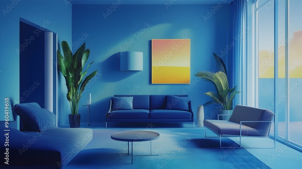 Serene and Sophisticated Blue Themed Living Space with Modern Navy Furniture Sky Colored Walls and Refined Decor Elements for a Calming Lifestyle Ambiance Serene and Sophisticated Blue Themed Living Space with Modern Navy Furniture Sky Colored Walls and Refined Decor Elements for a Calming Lifestyle Ambiance