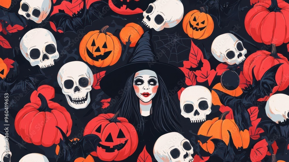 Halloween-themed pop art collage, mix of witches, bats, skulls, and pumpkins, dynamic Halloween-themed pop art collage, mix of witches, bats, skulls, and pumpkins, dynamic