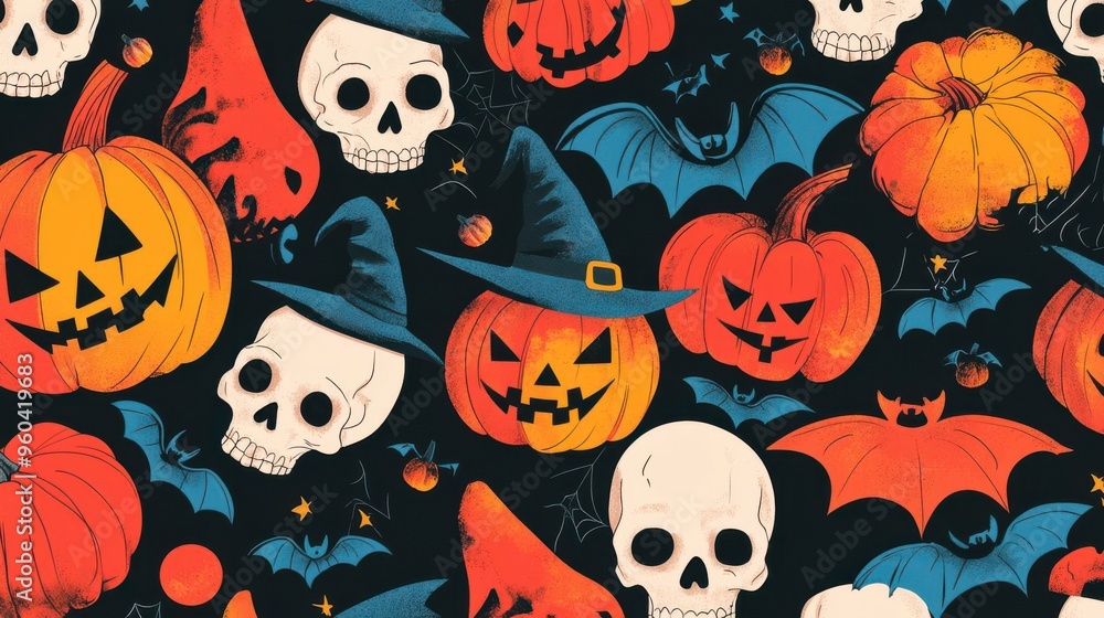 Halloween-themed pop art collage, mix of witches, bats, skulls Halloween-themed pop art collage, mix of witches, bats, skulls