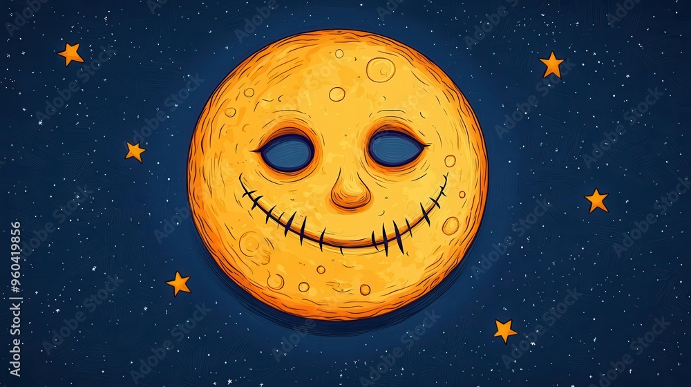 Pop art style moon with spooky face, Halloween night sky, comic textures, vibrant hues Pop art style moon with spooky face, Halloween night sky, comic textures, vibrant hues