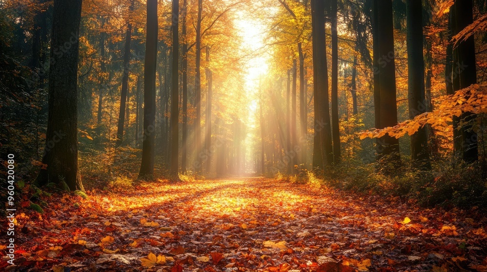 A peaceful forest with a carpet of fallen leaves, with sunlight filtering through the trees. A peaceful forest with a carpet of fallen leaves, with sunlight filtering through the trees.