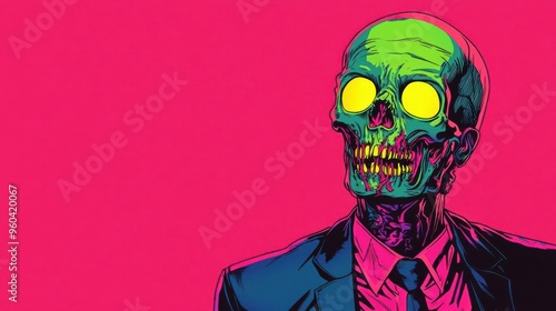Zombie with neon skin in pop art style, vibrant colors, comic book textures, Halloween vibe