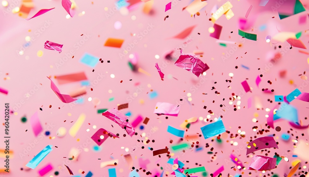 Joyful Celebrations: A Vibrant Display of Confetti on a Pink Background Joyful Celebrations: A Vibrant Display of Confetti on a Pink Background