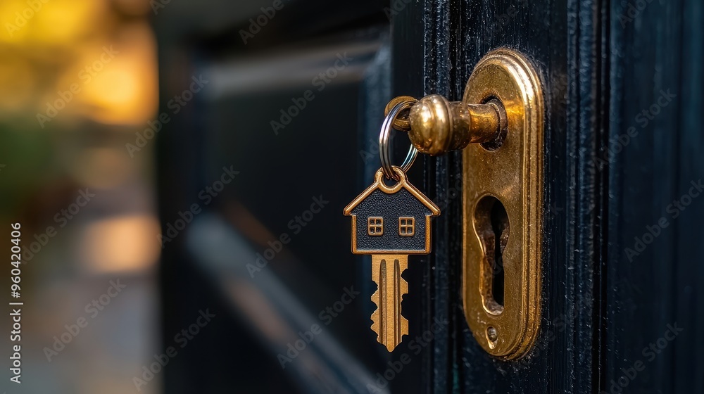 Opening Doors to Homeownership - Key with Home-Shaped Keychain in Door Lock Opening Doors to Homeownership - Key with Home-Shaped Keychain in Door Lock
