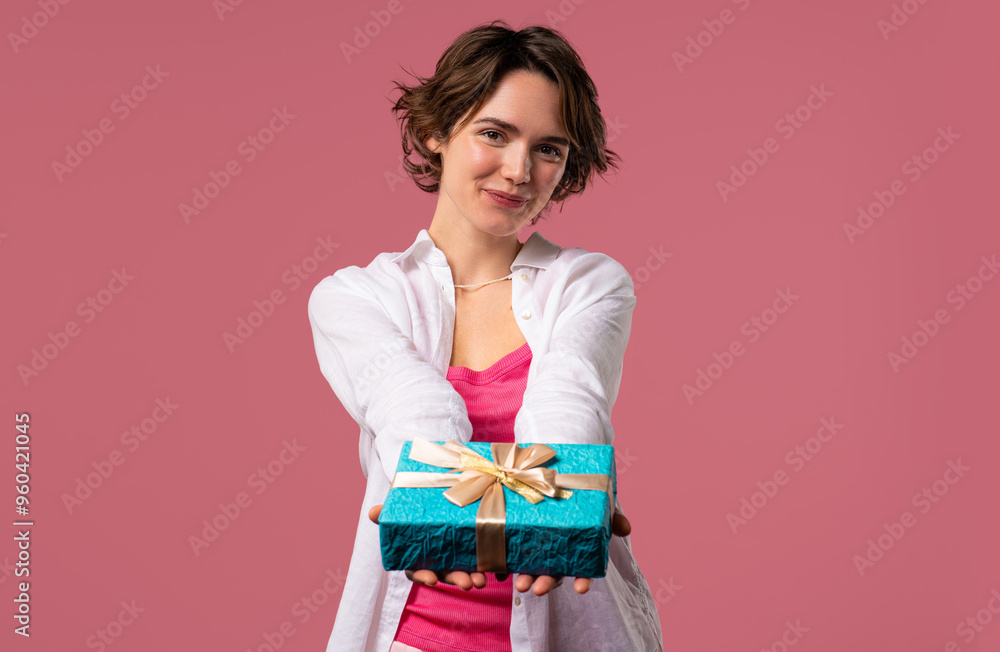 Happy charming woman gift box on pink background. Young girl smiling, gives you Happy charming woman gift box on pink background. Young girl smiling, gives you