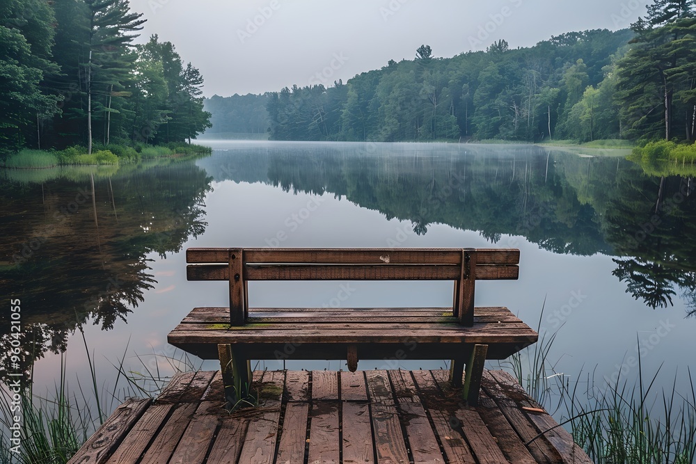 Tranquil Lakeside View with Wooden Bench Surrounded by Lush Forest in Early Morning Mist Tranquil Lakeside View with Wooden Bench Surrounded by Lush Forest in Early Morning Mist