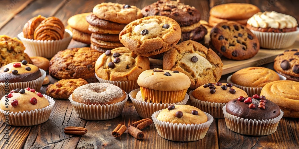 A variety of delicious home made sweet baked goods, including cookies, muffins and pastries
