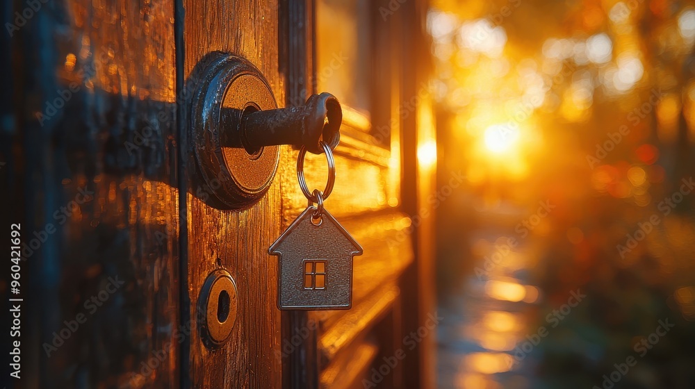 Welcoming Sunlit Entrance to New Home - Key with House-Shaped Keychain in Door Lock Welcoming Sunlit Entrance to New Home - Key with House-Shaped Keychain in Door Lock