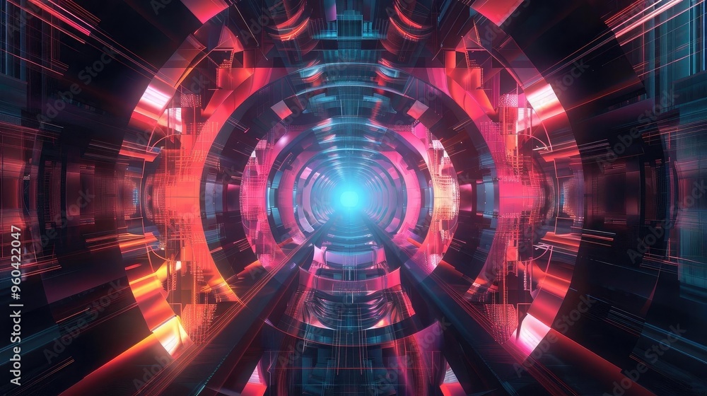 Obraz premium A vibrant abstract tunnel design that combines neon colors and futuristic elements, perfect for tech and sci-fi themes.