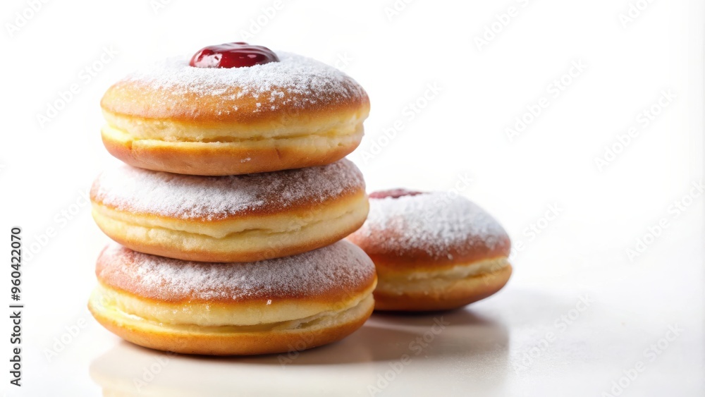Delicious stack of Berliner Pfannkuchen filled with jam on a white background Delicious stack of Berliner Pfannkuchen filled with jam on a white background