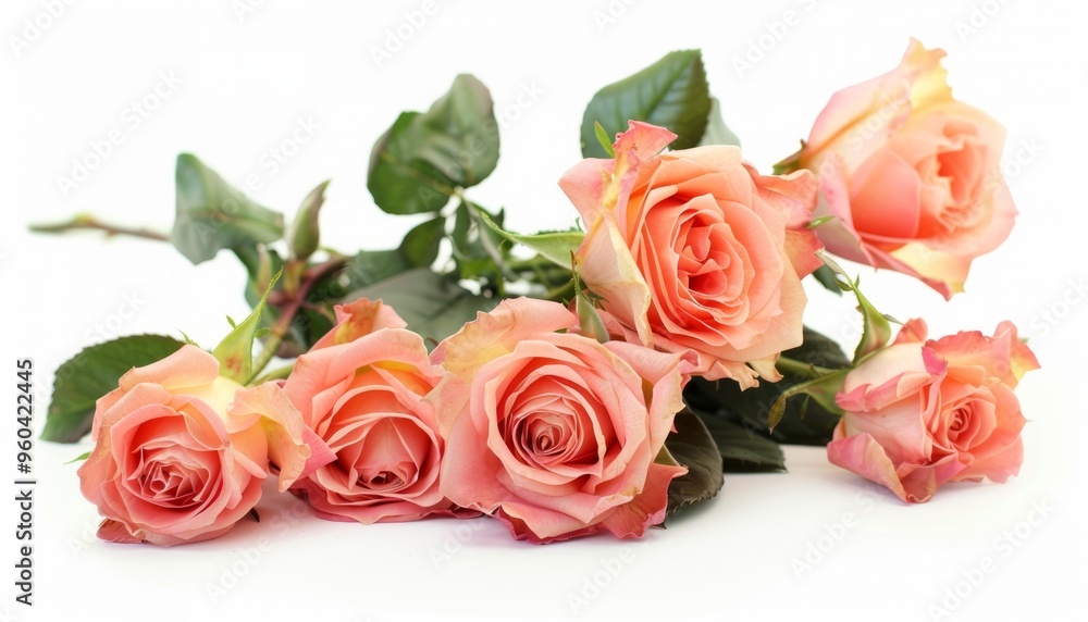 Rosy Roses in Bloom: Stunning Isolated Beauty on White Background Rosy Roses in Bloom: Stunning Isolated Beauty on White Background