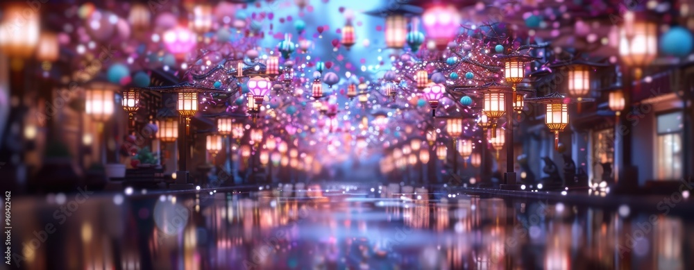Fototapeta premium Festive Celebration in : Joyful Street Festival with Vibrant Decorations and Happy Crowd
