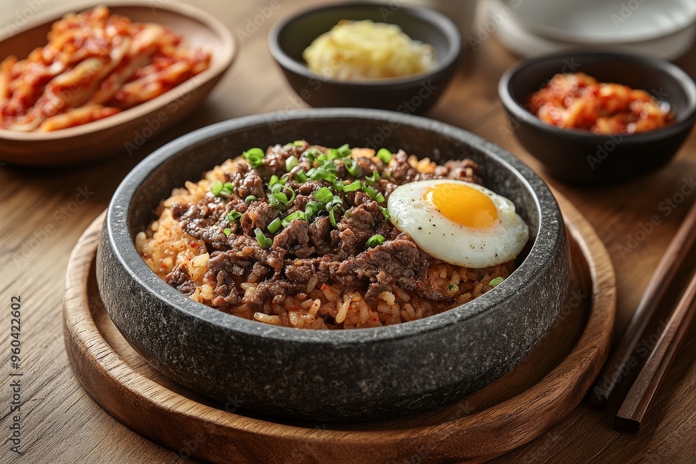 Sizzling bibimbap with egg and beef in stone bowl surrounded by korean side dishes Sizzling bibimbap with egg and beef in stone bowl surrounded by korean side dishes
