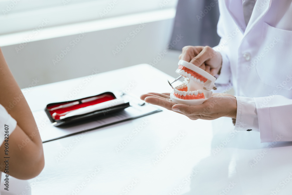 Fototapeta premium The dentist and patient will discuss oral health, including dentures and implants. The dentist will use models and instruments to ensure effective dental care and restoration of healthy teeth.