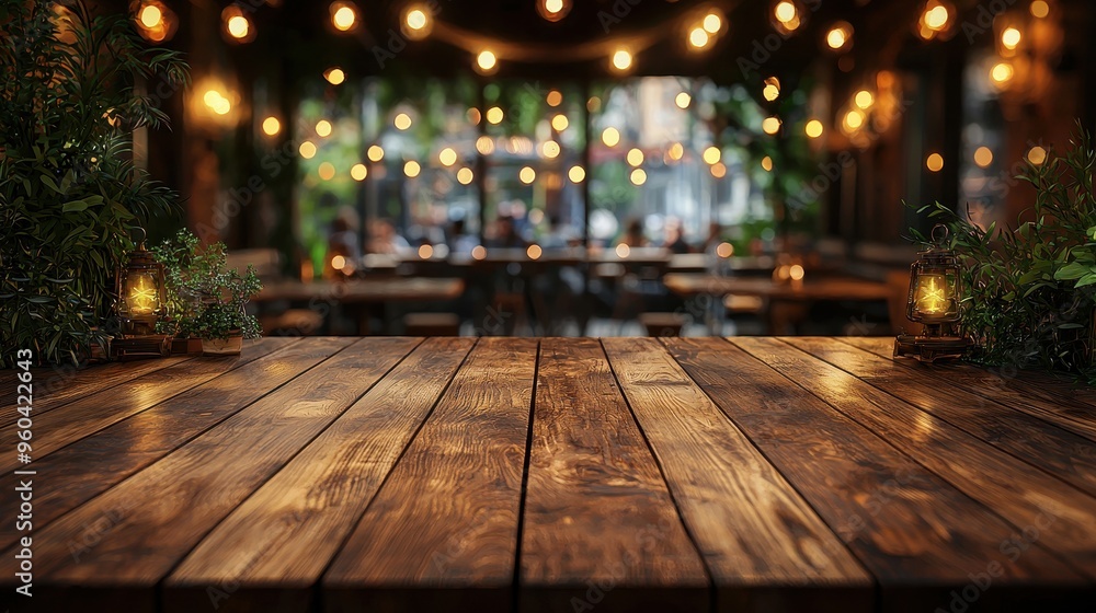 Cozy Restaurant Ambiance: Rustic Wooden Table with Blur of Warm Lights and Bustling Interior Cozy Restaurant Ambiance: Rustic Wooden Table with Blur of Warm Lights and Bustling Interior