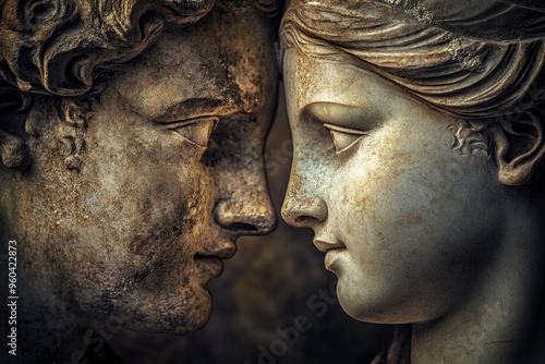 Close-up of Two Ancient Stone Statues Gazing at Each Other photo