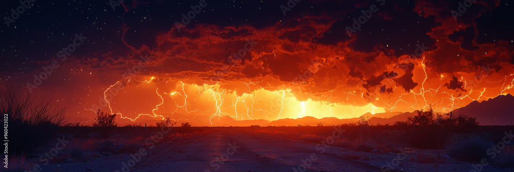 A dramatic lightning storm illuminates the desert sky with streaks of light. A dramatic lightning storm illuminates the desert sky with streaks of light.