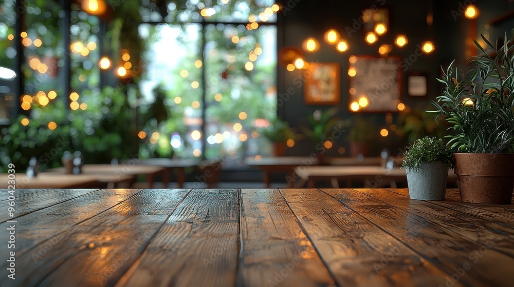 Elegant Dining Atmosphere with Empty Wooden Table at Stylish Restaurant Elegant Dining Atmosphere with Empty Wooden Table at Stylish Restaurant