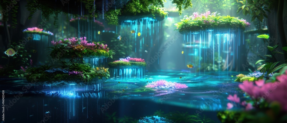 Enchanted Digital World: Vibrant Flora on Floating Islands in Enchanted Digital World: Vibrant Flora on Floating Islands in