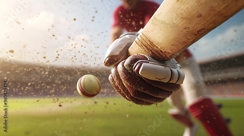 Moment of Impact - Close-up of Cricket Player's Hand Gripping Bat with Ball in Mid-Air on Field Background, Photorealistic Sports Scene