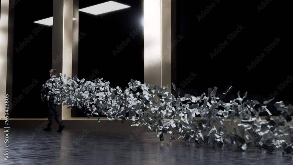 3d render of a man walking while enormous amounts of money appear from his upper body and blows away.  Model is also 3d rendered.