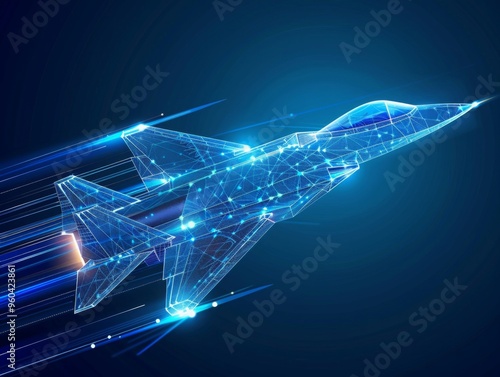 Digital high-speed fighter jet  in low poly wireframe, smart Advanced Military Technology,  ai aviation and defense systems, supersonic travel, Aerospace Engineering.
