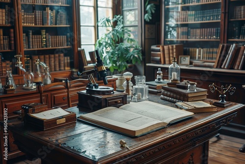 An antique wooden desk with books, scientific instruments and a gramophone in a well-lit library.