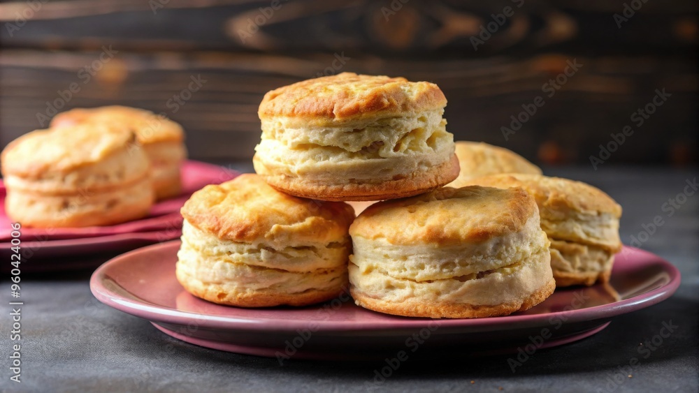 Homemade flaky buttermilk biscuits on a pink plate with black background, side view Homemade flaky buttermilk biscuits on a pink plate with black background, side view
