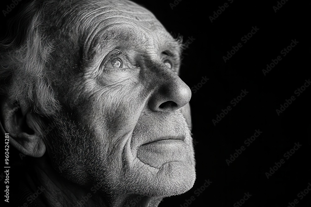 Obraz premium dramatic black and white portrait of elderly man deep wrinkles weathered skin high contrast emotional storytelling