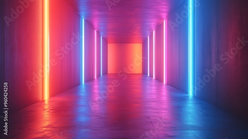 A long, brightly lit hallway with neon colored lights