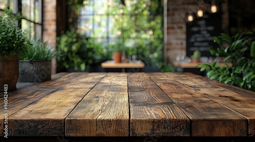 Cozy Rustic Wooden Table in Upscale Bistro Interior with Soft Blur