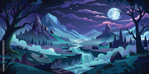 dark moody valley in night with veils of fog with clouds and full moon vector art illustration