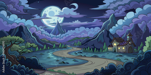 dark moody valley in night with veils of fog with clouds and full moon vector art illustration