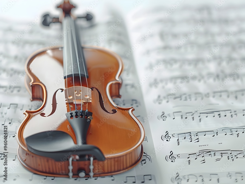 Fototapeta premium Classical Violin Resting on a Sheet of Music with Floating Notes in the Background