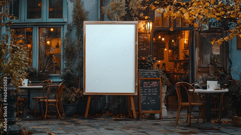 A wet city street with a white sign on a wooden post. The sign is empty and the street is lit up with lights A wet city street with a white sign on a wooden post. The sign is empty and the street is lit up with lights