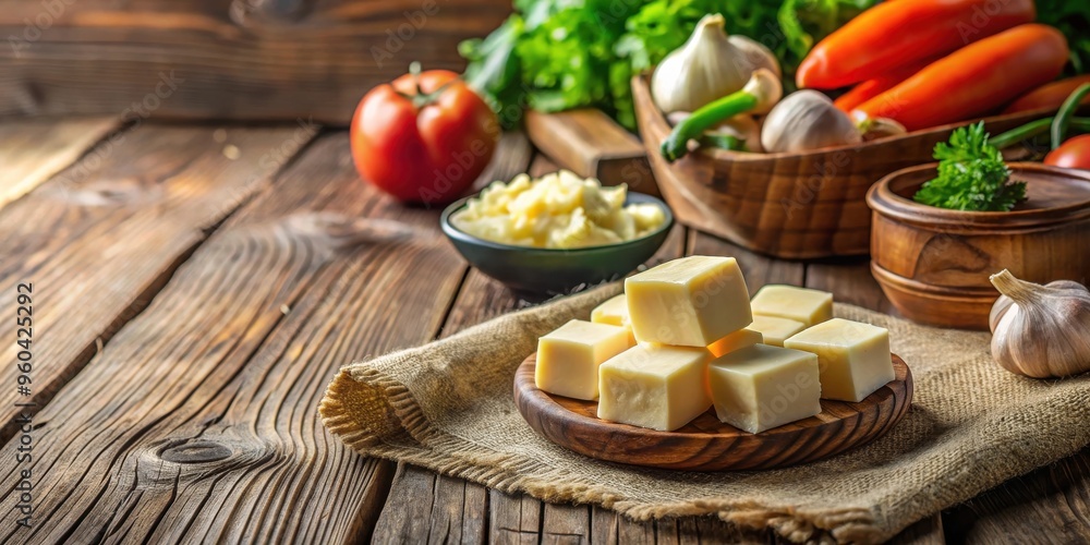 Vegetable shortening and butter cubes on a baking sheet, rustic wood counter Vegetable shortening and butter cubes on a baking sheet, rustic wood counter
