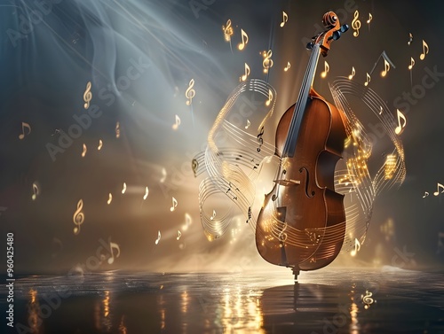 Dramatic Cello Performance with Flowing Music Notes and Ethereal Spotlight in Digital Rendering