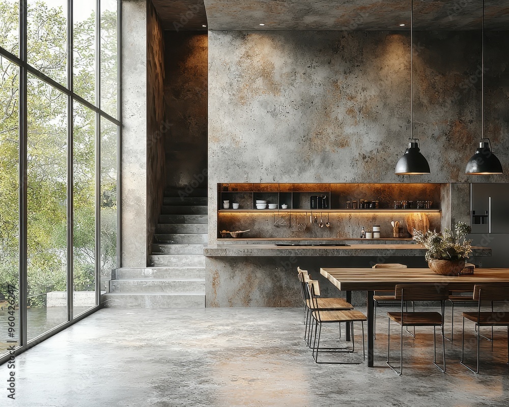 Stylish Industrial Dining Room with Metal Table, Wooden Chairs, and Concrete Floor Stylish Industrial Dining Room with Metal Table, Wooden Chairs, and Concrete Floor