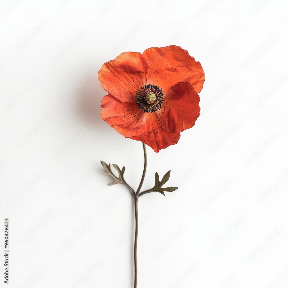 Single red poppy flower with green stem and leaves isolated on white background. Single red poppy flower with green stem and leaves isolated on white background.