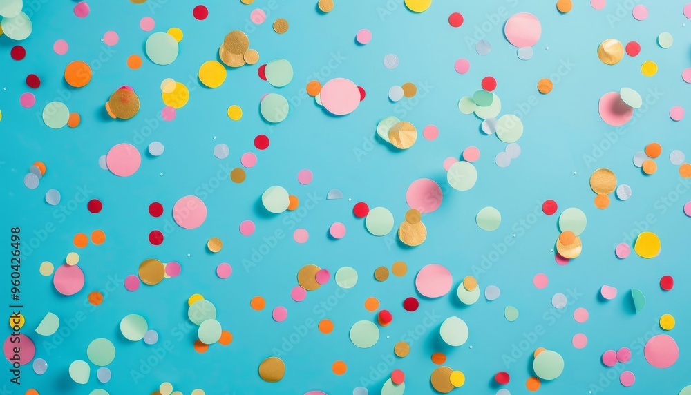 Blue Blast: Festive Party Confetti Celebration on Display in Flat Lay Style Blue Blast: Festive Party Confetti Celebration on Display in Flat Lay Style
