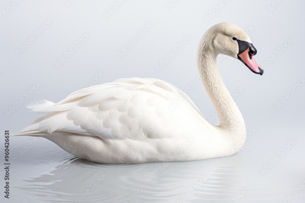 Beautiful white swan swimming on water in thick fog Beautiful white swan swimming on water in thick fog