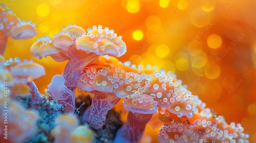 Naklejka premium Cluster of brilliant fungus on an orange backdrop