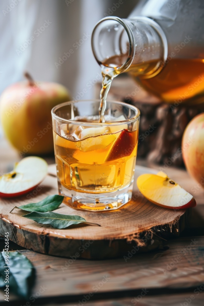 Fresh apple juice cider being poured into glass with apple fruit on table Fresh apple juice cider being poured into glass with apple fruit on table