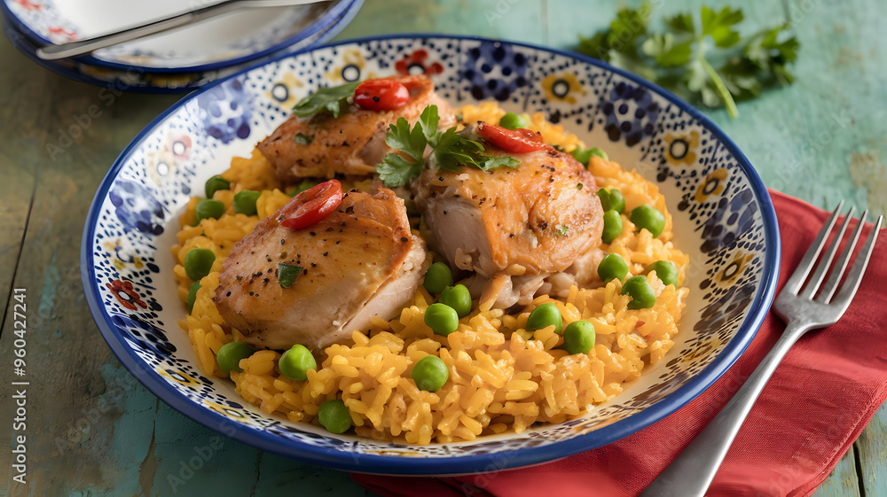 A plate of Spanish arroz con pollo, with saffron rice, chicken thighs, and peas, garnished with pimientos and fresh parsley, served on a colorful ceramic plate. A plate of Spanish arroz con pollo, with saffron rice, chicken thighs, and peas, garnished with pimientos and fresh parsley, served on a colorful ceramic plate.