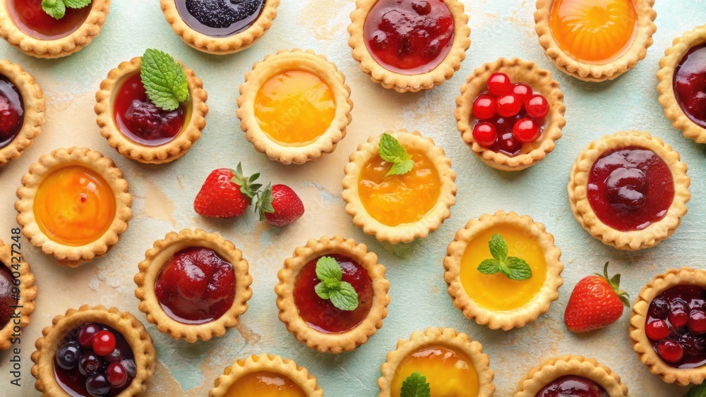 Assorted fruit jam tarts on a pastel background with copy space Assorted fruit jam tarts on a pastel background with copy space
