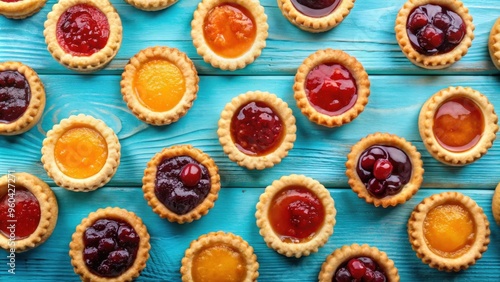 Assorted fruit jam tarts on blue background with space for text